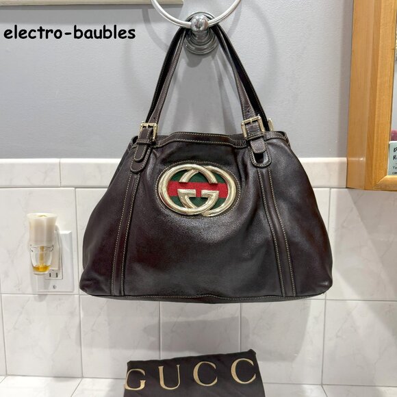 Gucci Britt GG Red Green Web Hobo Soho Leather Dark Brown Tote - MINT! - Picture 14 of 14